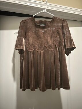 Velvet Lace Overlay Short Sleeve Top - Brown